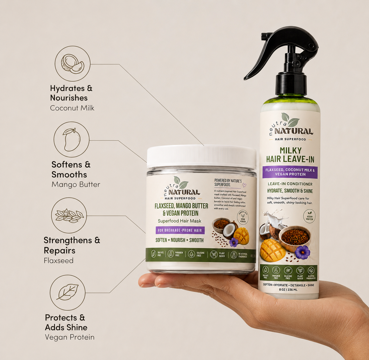 Neutra Natural Hair Superfood Duo | Hair Mask + Milky Leave-In Conditioner