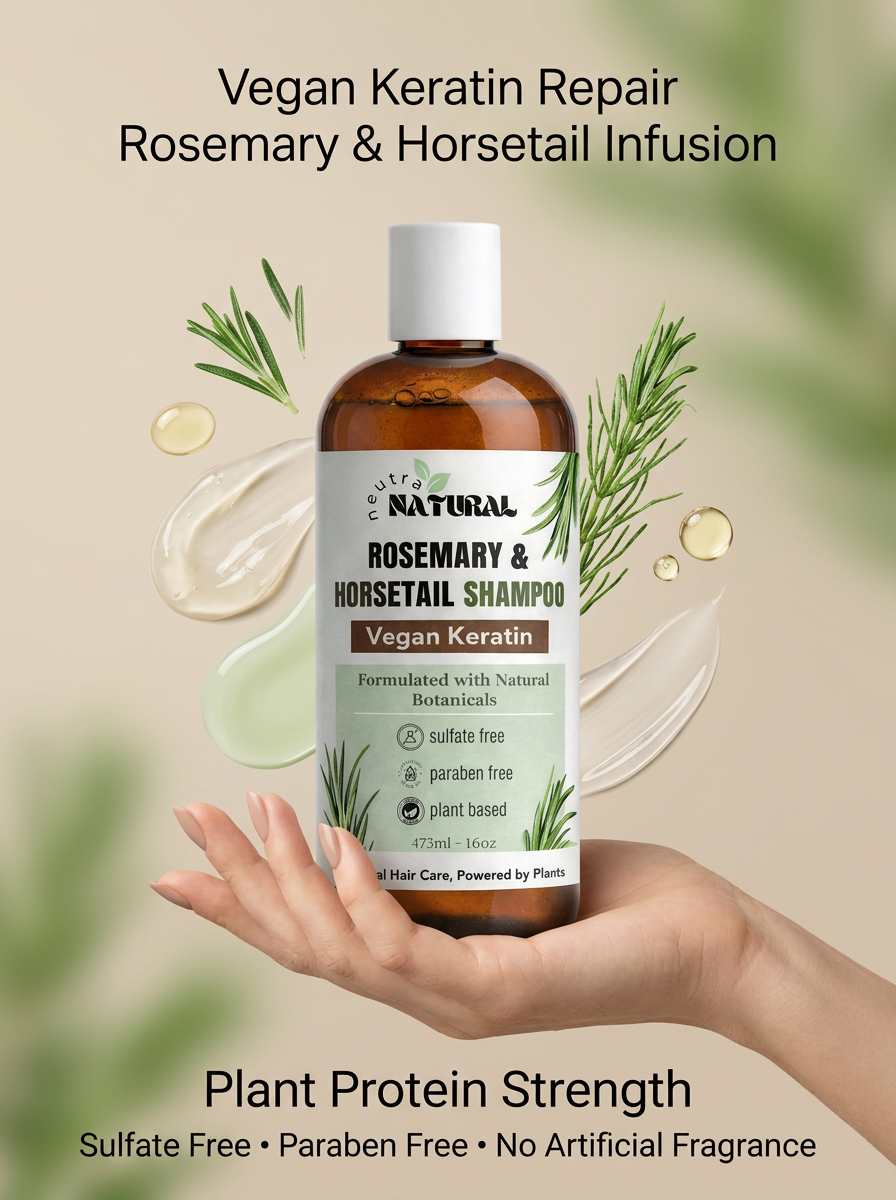 Neutra Natural shampoo herbal con infusions de romero, cola de caballo y Keratina Vegana.