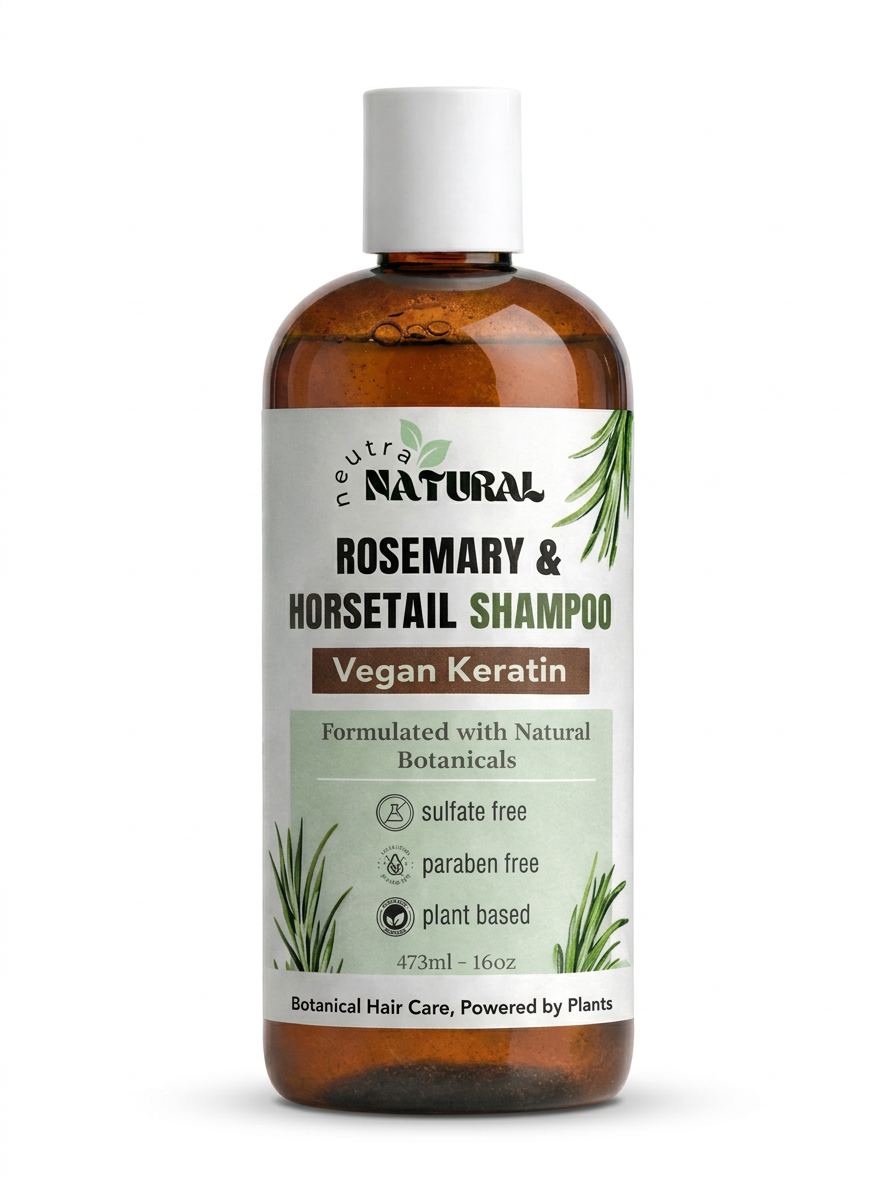 Neutra Natural shampoo herbal con infusions de romero, cola de caballo y Keratina Vegana.