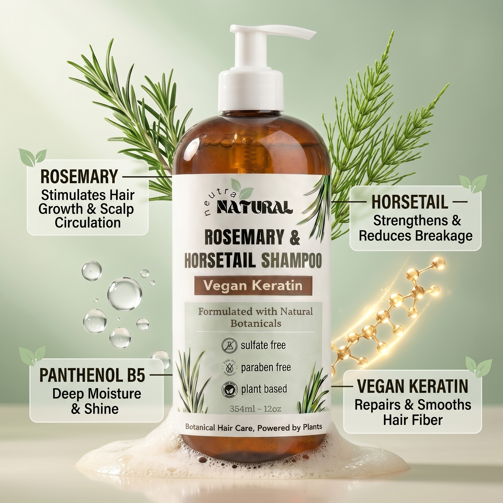 Neutra natural Kit herbal de shampoo y acondicionador con Keratina vegana, romero y cola de caballo.