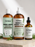 Kit para el crecimiento del cabello con shampoo y acondicionador con romero y cola de caballo y aceite anticipa herbal.